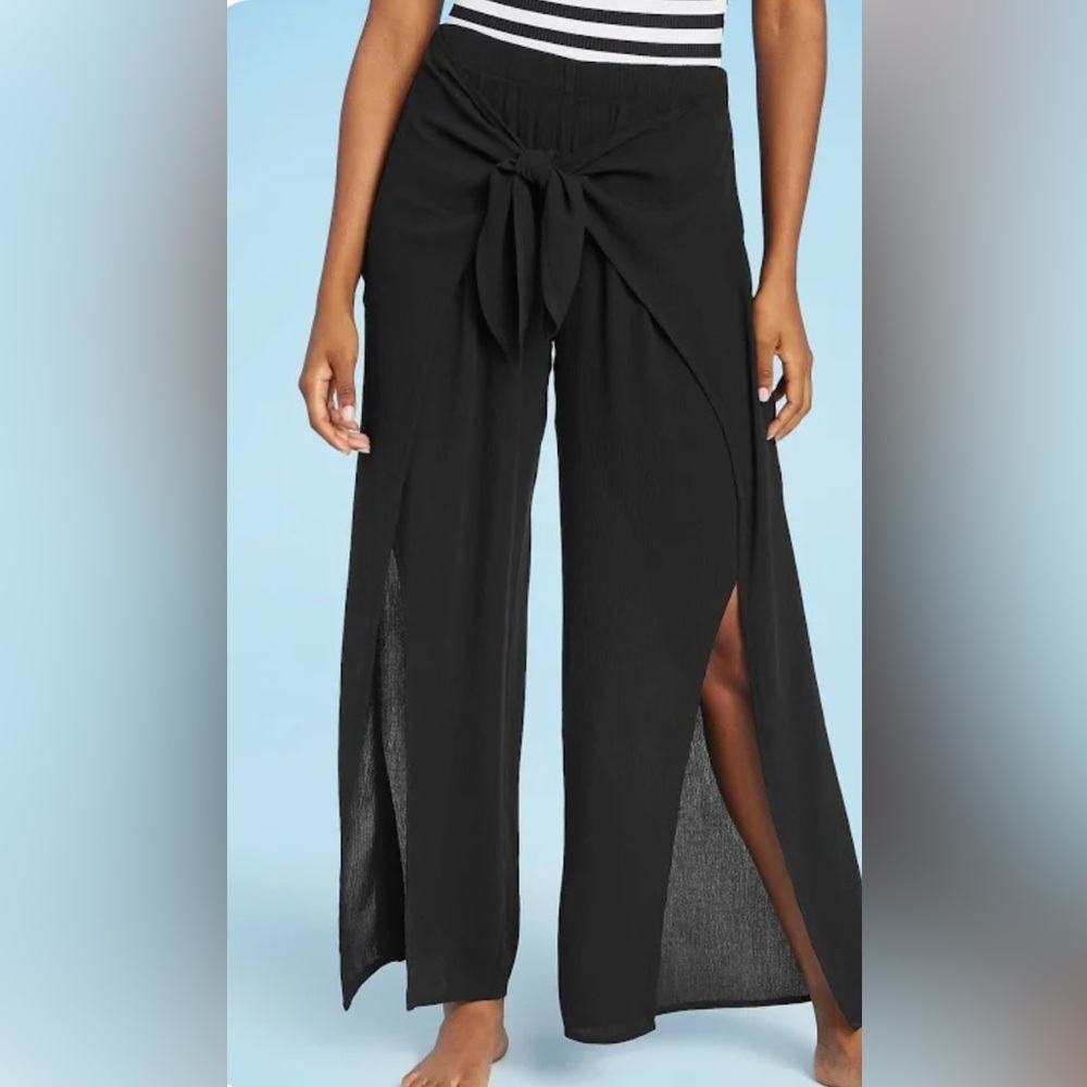 NWOT Kona Sol Pull-On Beach Coverup Split-Leg Front-Tie Pants Black Gauze XL
